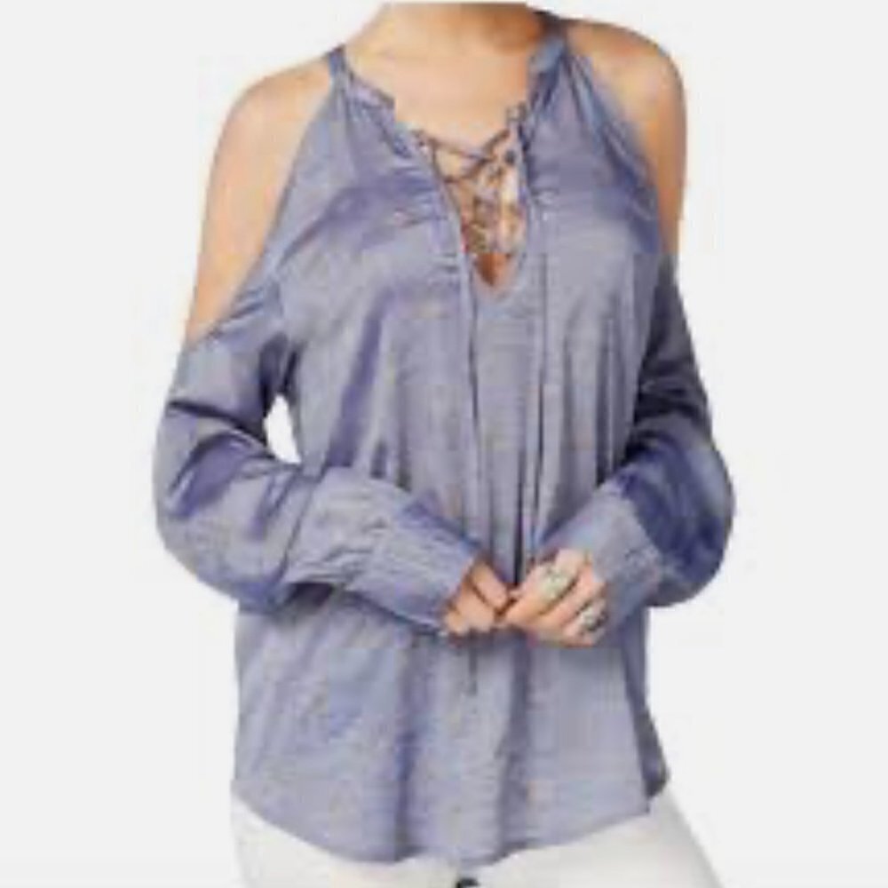 William Rast Blue  Lace-up Cold Shoulder Long Sleeve Blouse